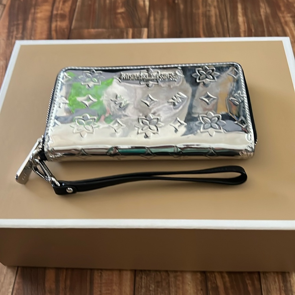 Michael Kors Silver and Black Wristlet
